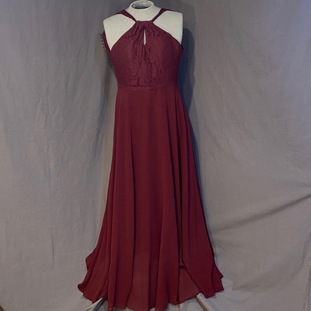 Christina Wu Burgundy Evening Gown with Lace Detailing and Buttoned Back